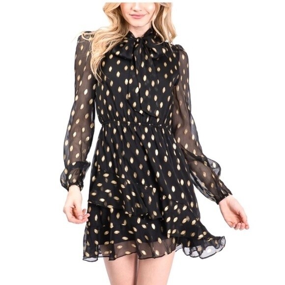 Idem Ditto Dresses & Skirts - Idem Ditto Chiffon Ruffle Black Gold Dress L NWT